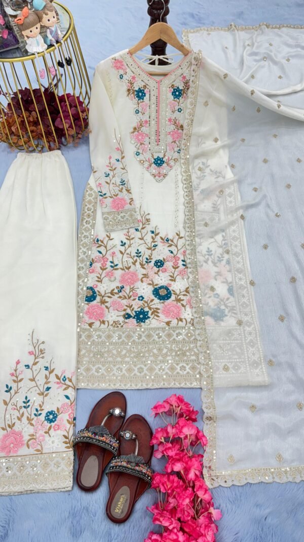 White Colour Heavy Chinon Silk With Heavy Embroidery Suits