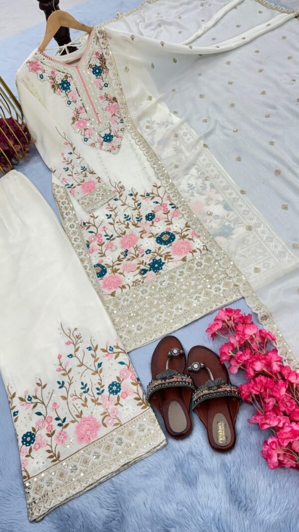 White Colour Heavy Chinon Silk With Heavy Embroidery Suits