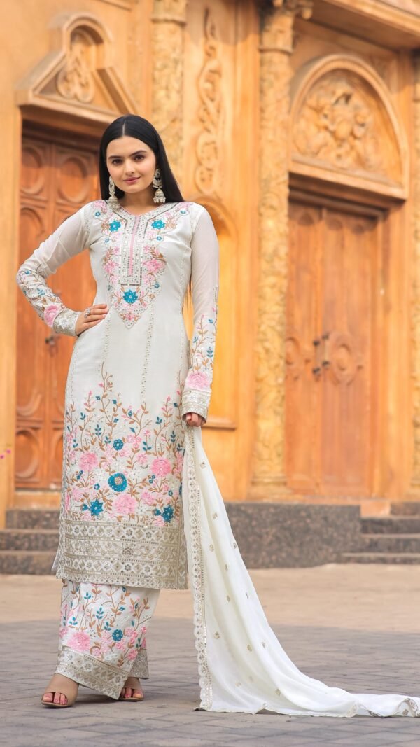 White Colour Heavy Chinon Silk With Heavy Embroidery Suits