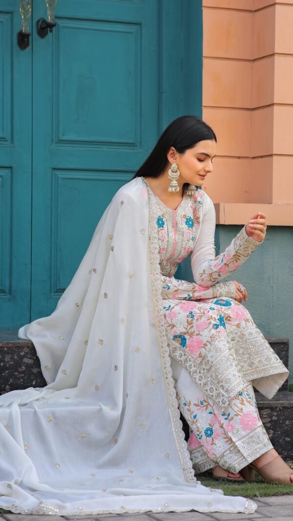 White Colour Heavy Chinon Silk With Heavy Embroidery Suits