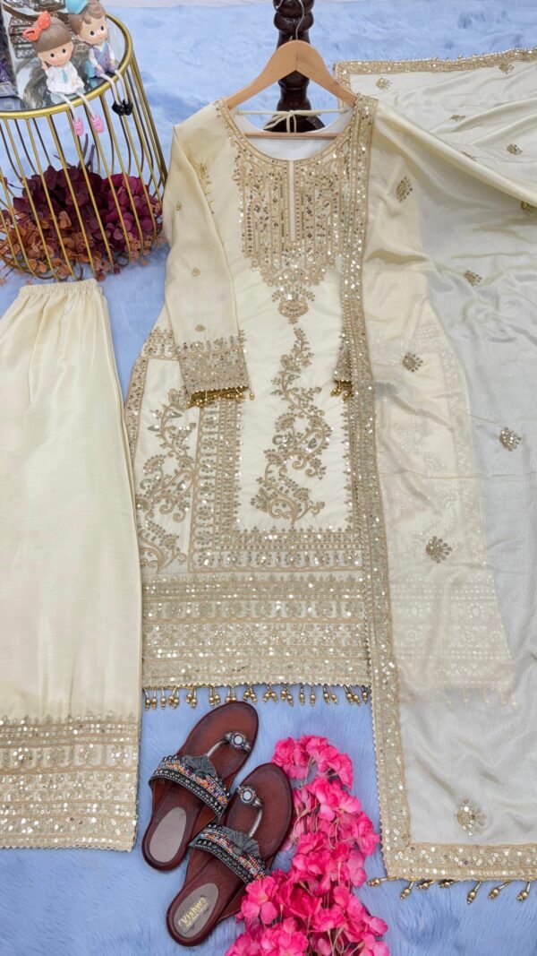 White Colour Pur Chinon Silk With Embroidery Suit