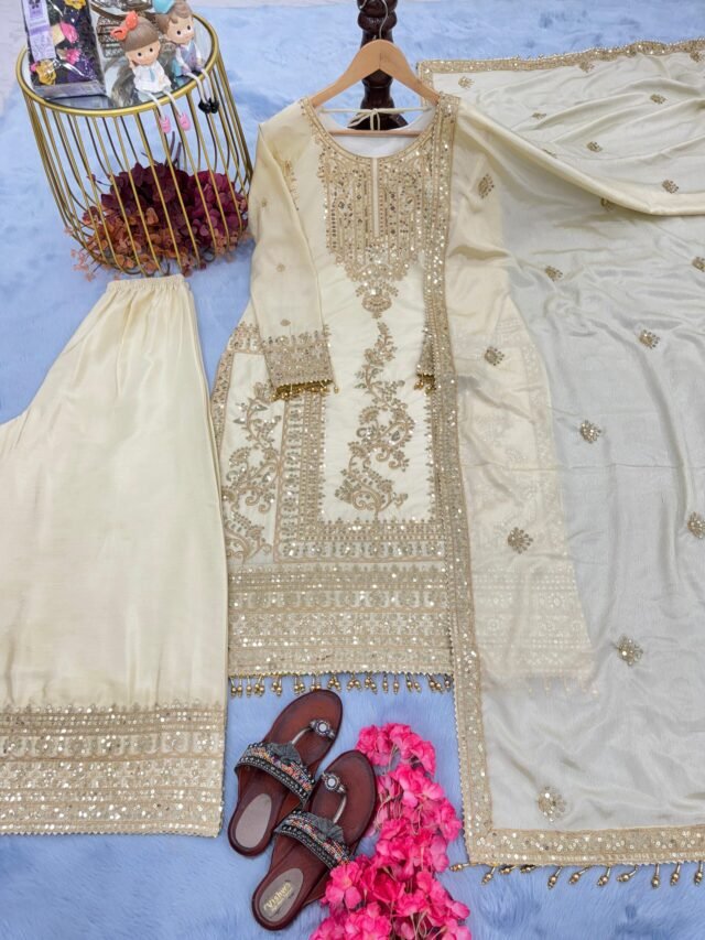 White Colour Pur Chinon Silk With Embroidery Suit