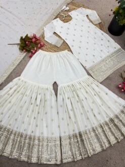 White Colour Pure Chinnon Silk With Heavy Embroidery Suit