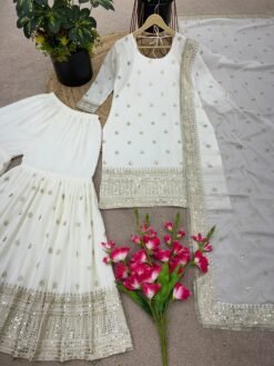 White Colour Pure Chinnon Silk With Heavy Embroidery Suit
