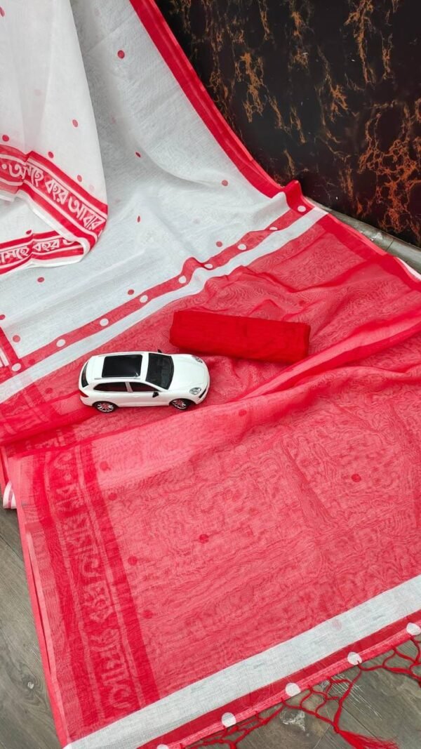 White Red Colour Plain Linen Sarees