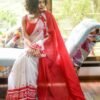 White Red Colour Plain Linen Sarees