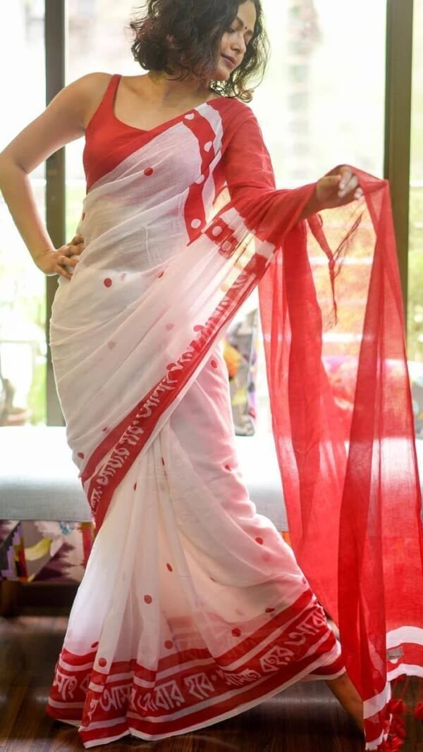 White Red Colour Plain Linen Sarees