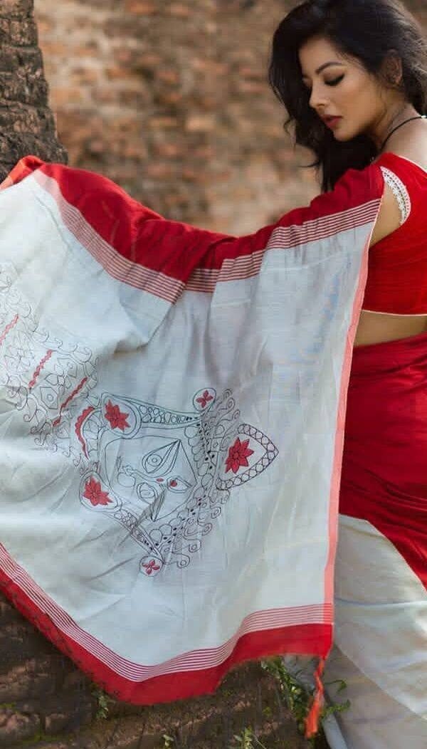 White Red Colour Plain Linen Sarees