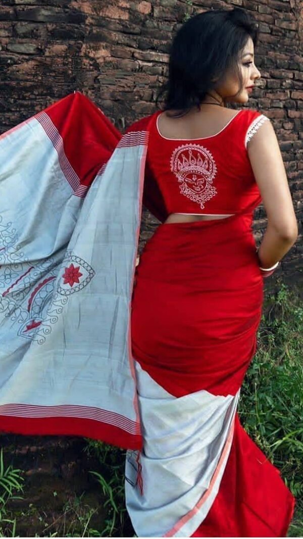 White Red Colour Plain Linen Sarees