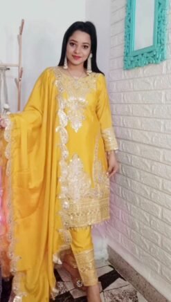 Yellow Colour Pure Chinnon Silk With Heavy Embroidery Suit