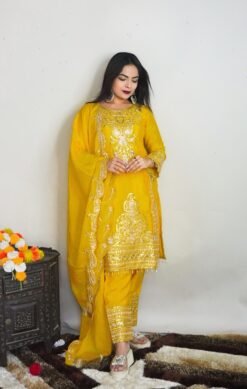 Yellow Colour Pure Chinnon With Heavy Embroidery Suit
