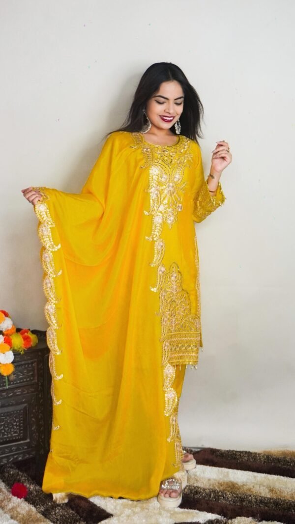 Yellow Colour Pure Chinnon With Heavy Embroidery Suit