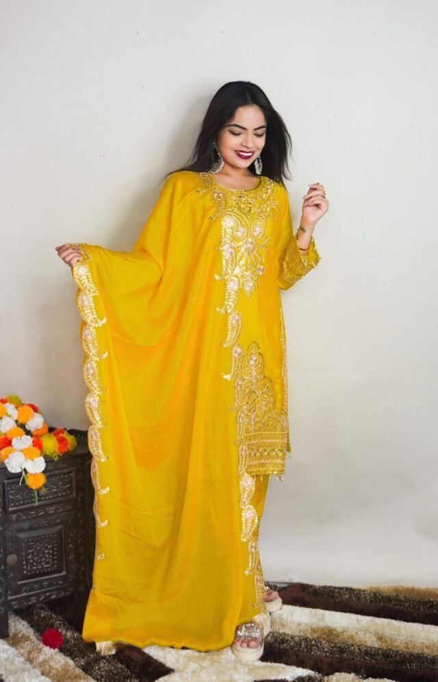 Yellow Colour Pure Chinnon With Heavy Embroidery Suit