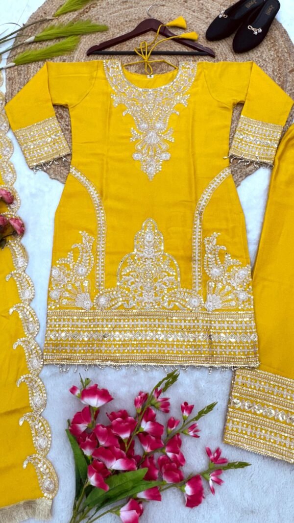 Yellow Colour Pure Chinnon With Heavy Embroidery Suit