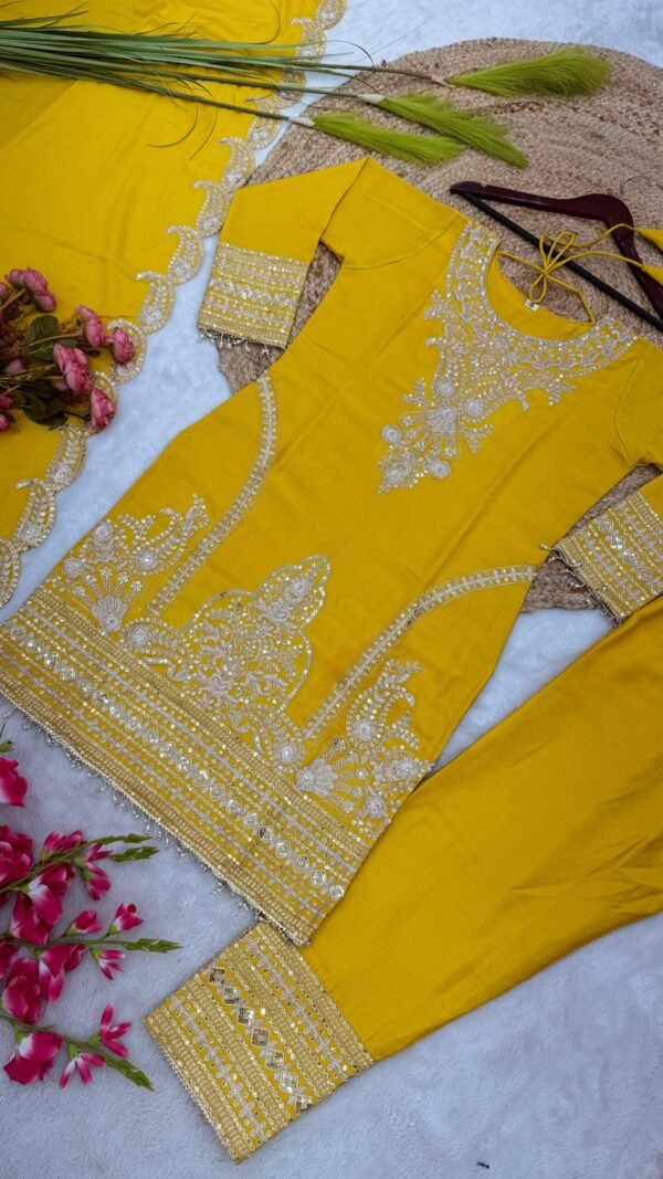 Yellow Colour Pure Chinnon With Heavy Embroidery Suit