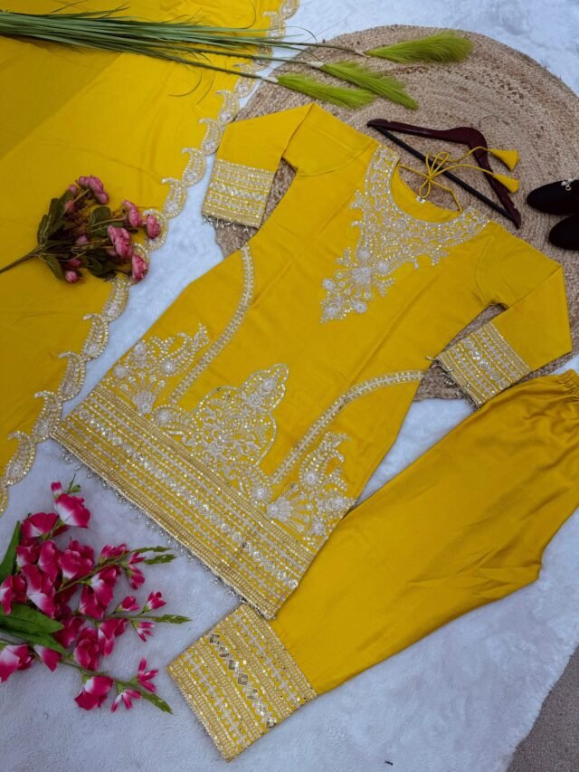 Yellow Colour Pure Chinnon With Heavy Embroidery Suit