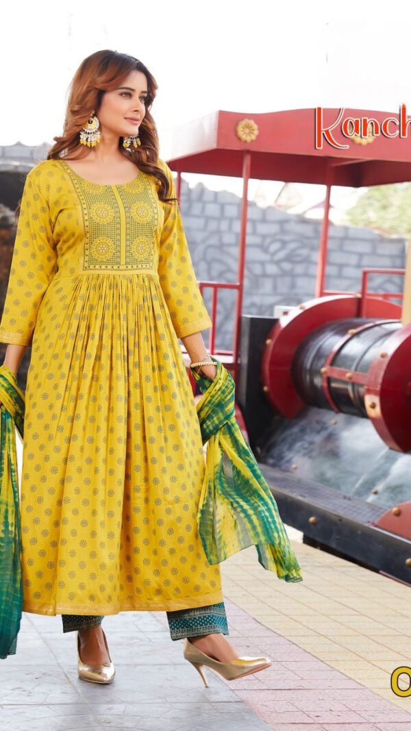 Yellow Colour Two tone Slub Gold print kurtis