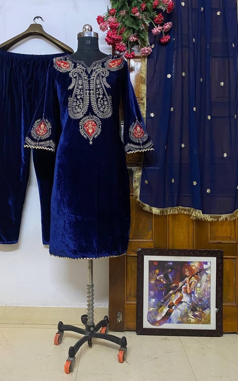 Blue Coloue HEAVY VELVET WITH EMBROIDERY WORK Suit