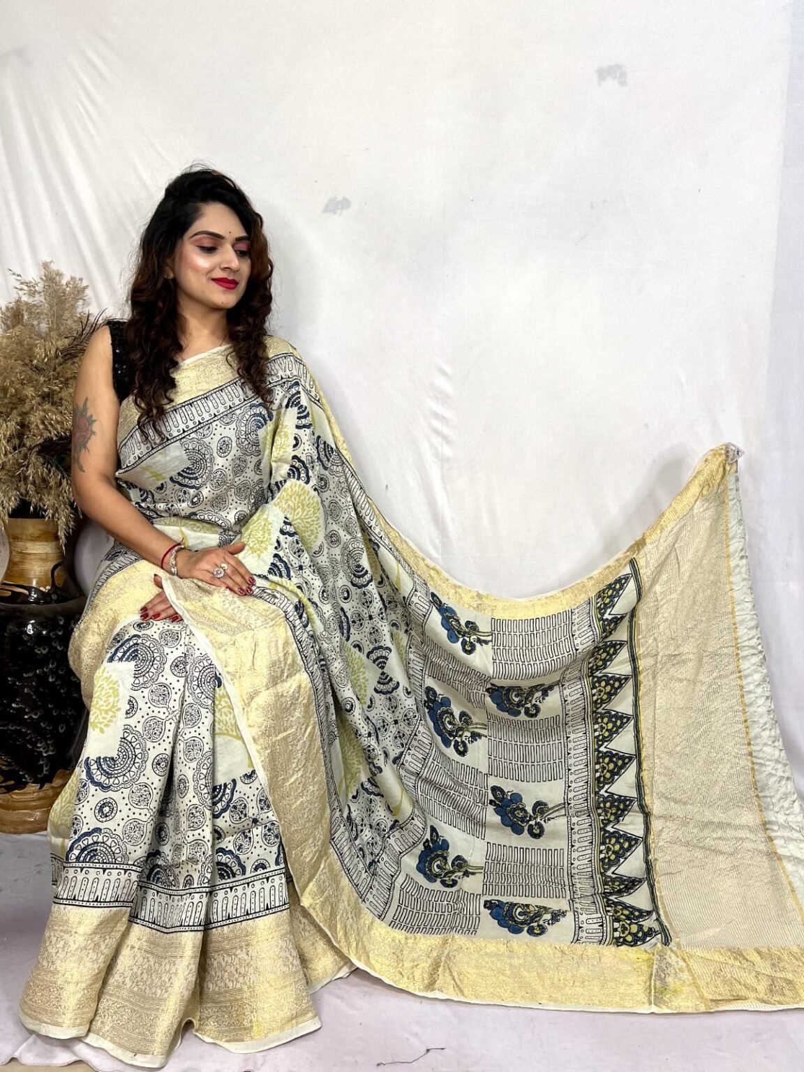 Elegant White Ajrakh Saree - Ajrakh Artistry Collection