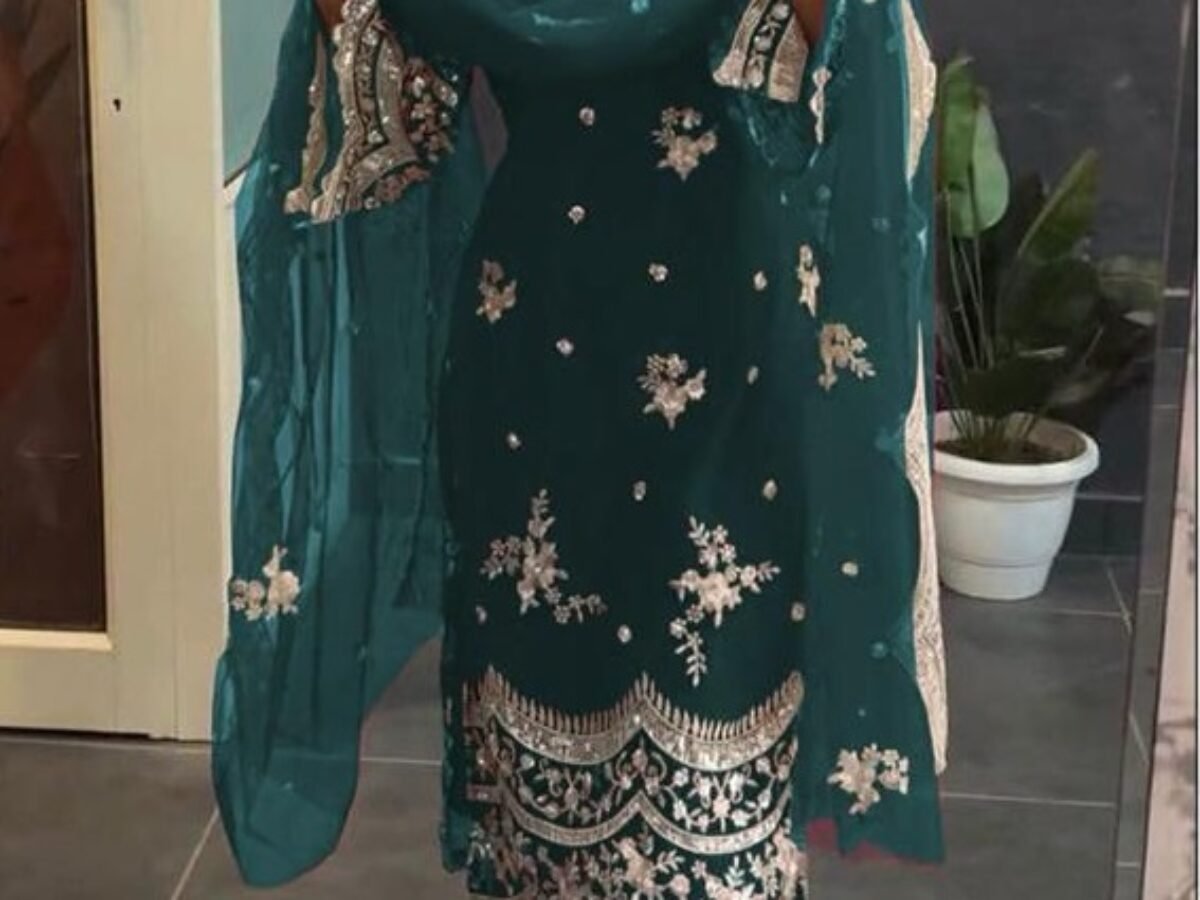 slim fit dress slacks Shop Latest Pakistani Emerald Green Dress In Chiffon – Nameera by Farooq main image 1