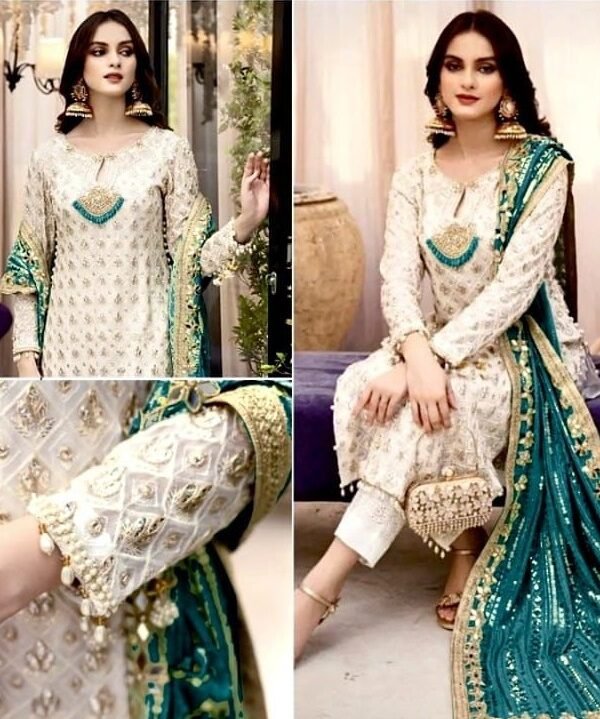 Grey White color Pakistani Suits Dress