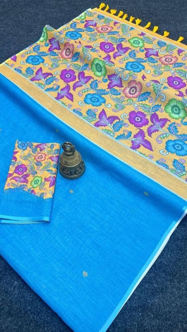 Sky Blue Plain Linen Saree with Designer Blouse