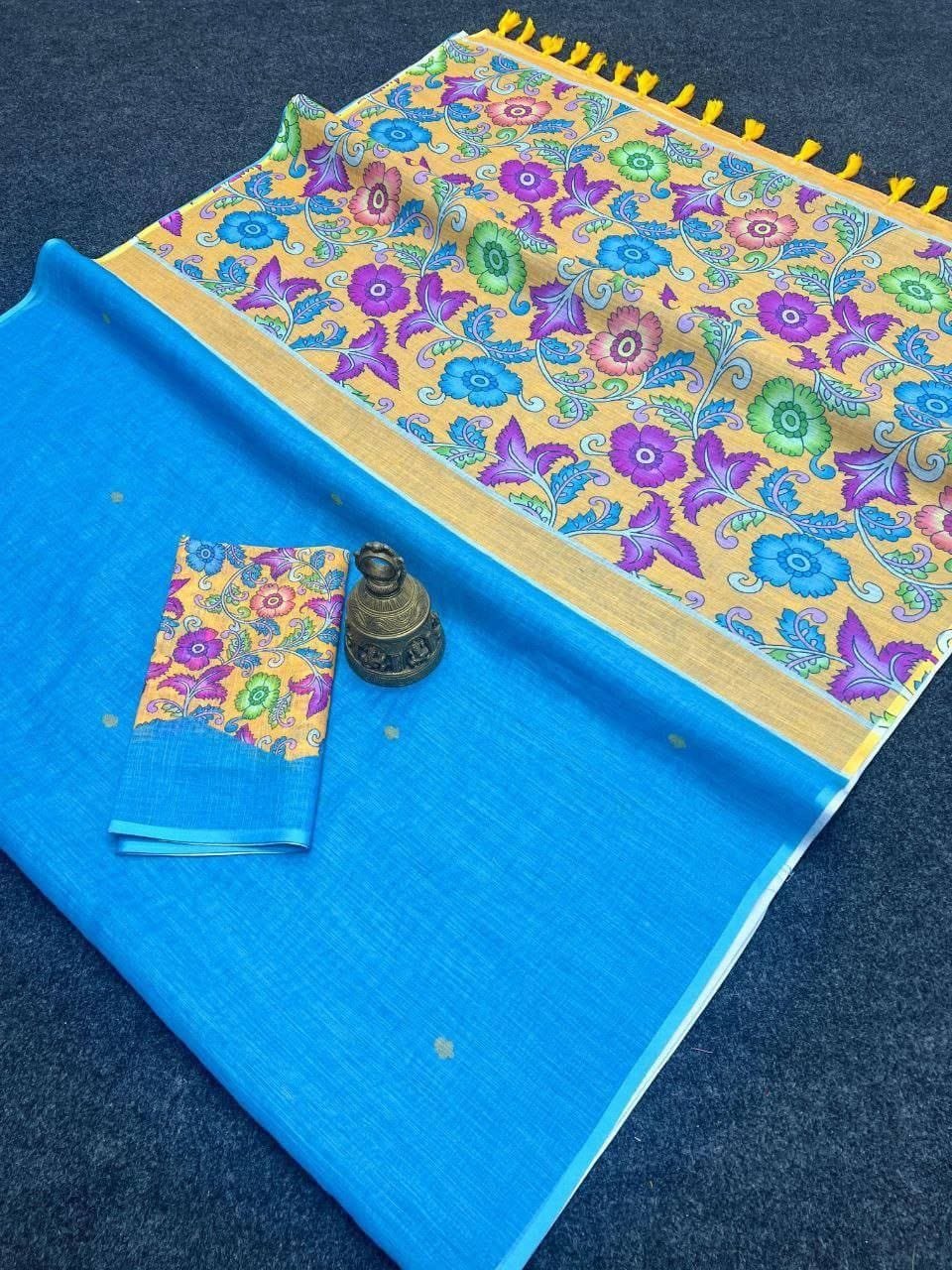 Sky Blue Plain Linen Saree with Designer Blouse