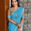 Sky Blue Plain Linen Saree with Designer Blouse