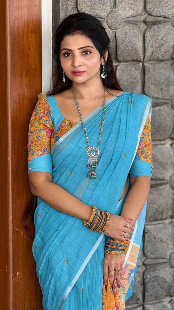 Sky Blue Plain Linen Saree with Designer Blouse