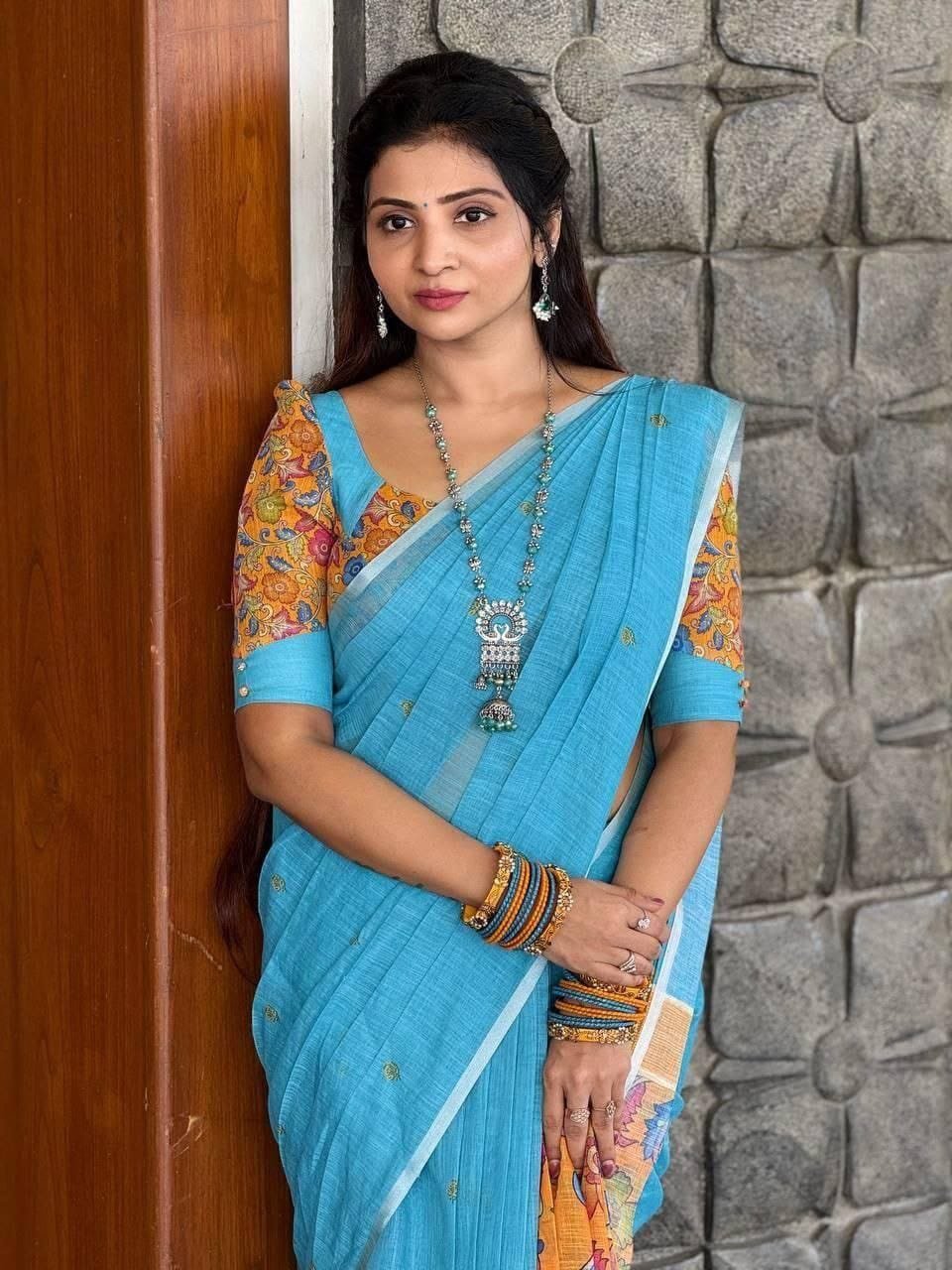 Sky Blue Plain Linen Saree with Designer Blouse