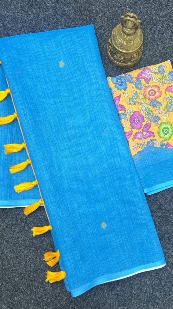 Sky Blue Plain Linen Saree with Designer Blouse