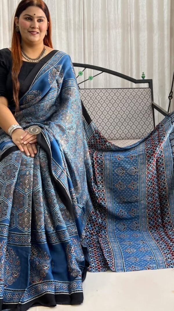 Blue Ajrakh Digital Print Premium Muslin Silk Saree