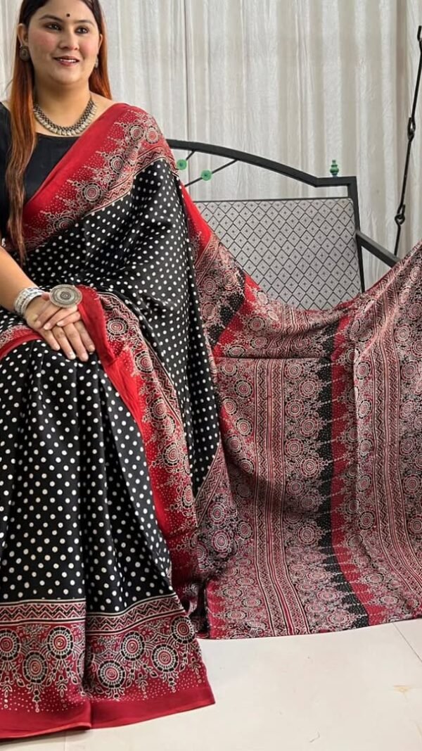 Black Red Ajrakh Digital Print Premium Muslin Saree