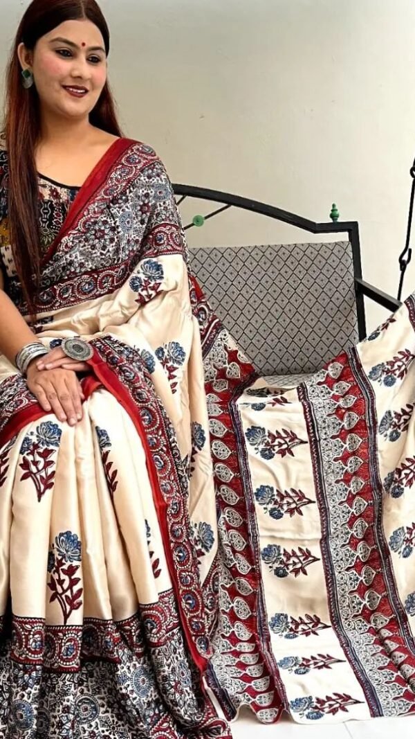 Cream Maroon Ajrakh Digital Print Premium Muslin Saree