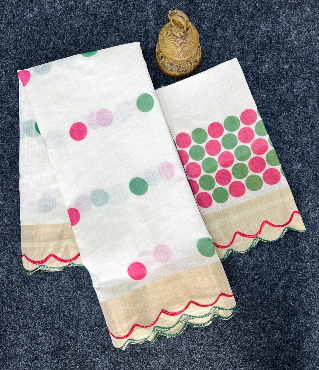 White Plain Linen Polka Dot Saree – Elegant Daily Wear