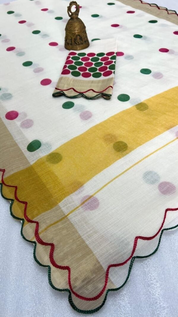 White Plain Linen Polka Dot Saree – Elegant Daily Wear