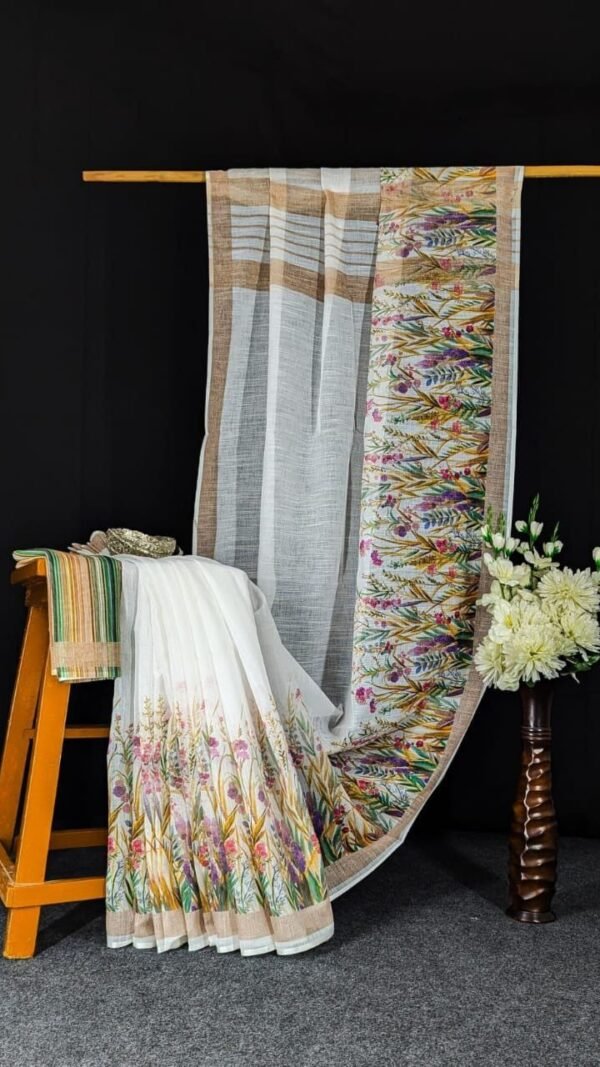 Ivory Botanical Premium Linen Saree with Elegant Print