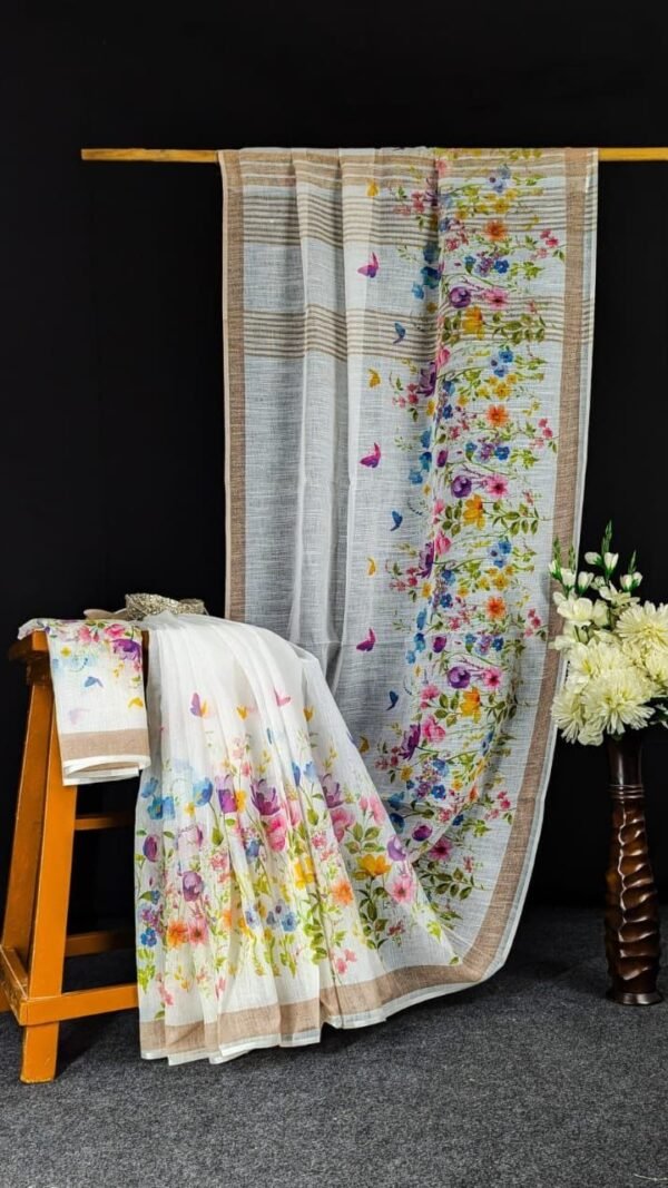 Ivory Multicolor Premium Linen Saree with Floral Print