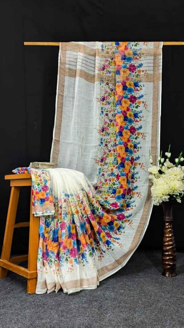 Off White Multicolor Premium Linen Saree for Comfort