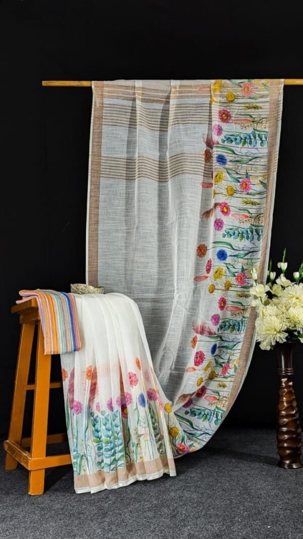Off White Multicolor Premium Linen Saree with Floral Border