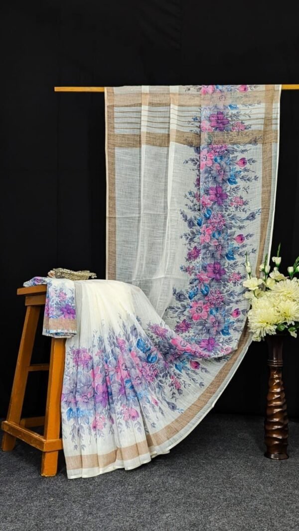 Off White Purple Premium Linen Saree for Daily Wear