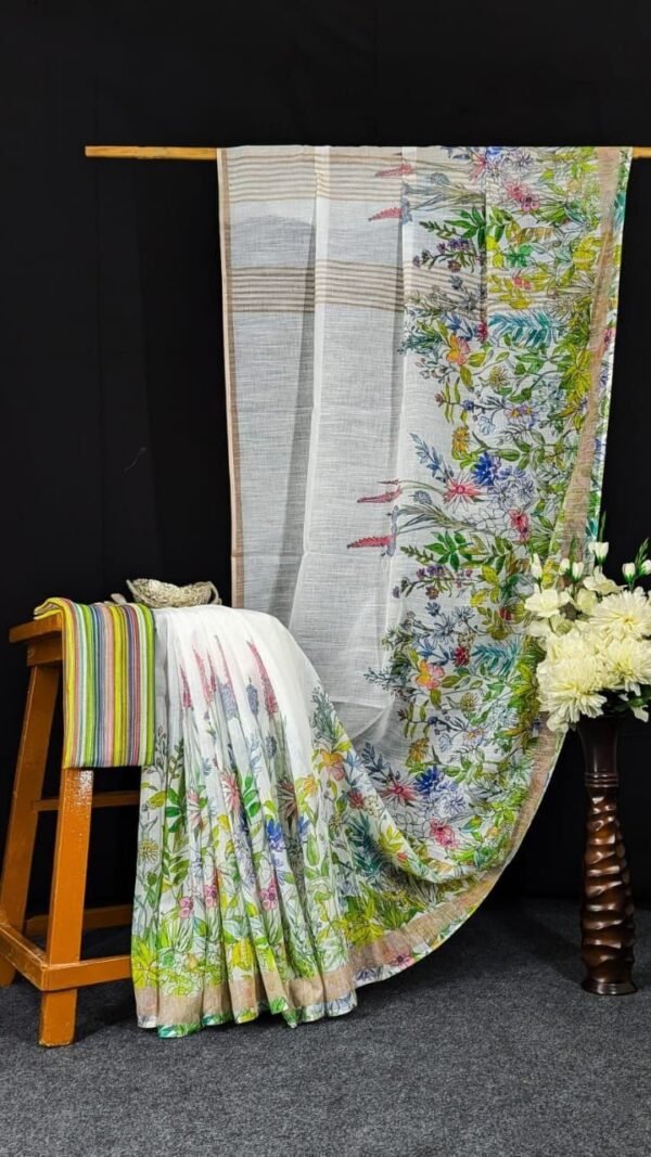 White Green Premium Linen Saree with Botanical Print