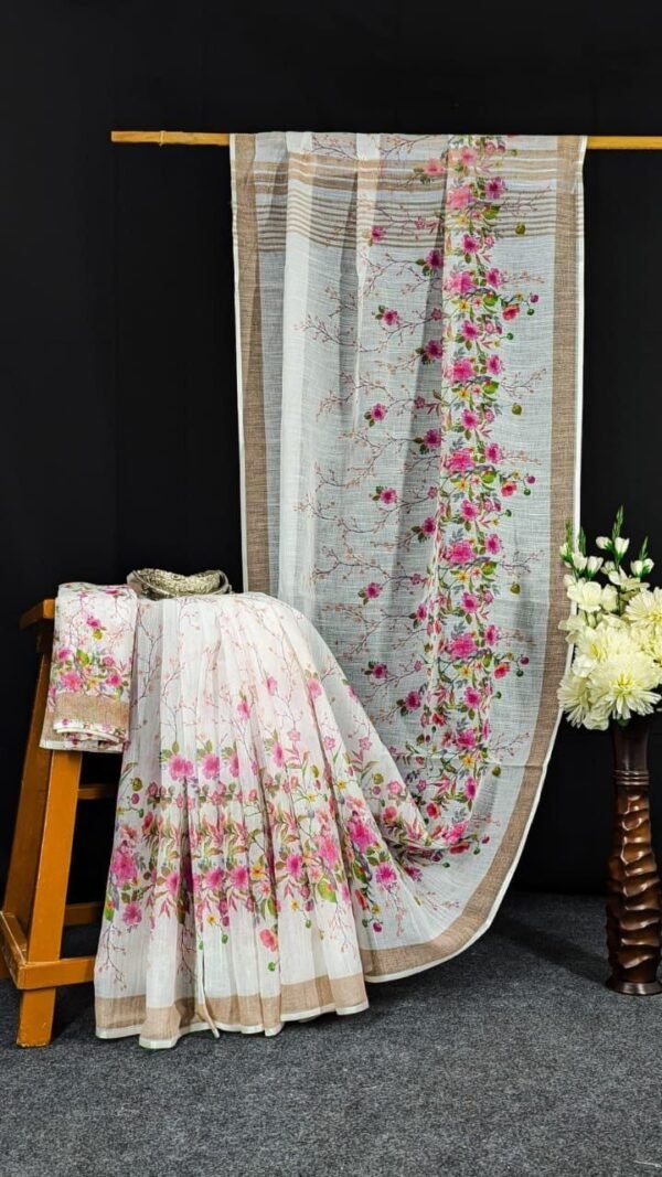 White Pink Premium Linen Saree with Floral Elegance