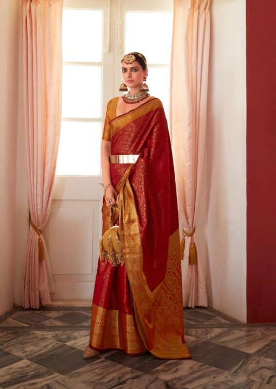 Classic red silk bridal saree with gold zari border for UK wedding