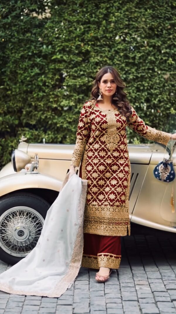 Royal Maroon Kurta Set for Women with heavy embroidery plazzo and dupatta party wear