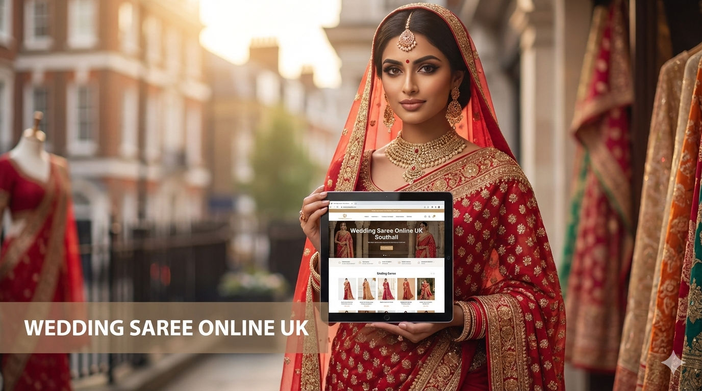 Luxury red bridal wedding saree online UK Southall boutique with heavy gold embroidery