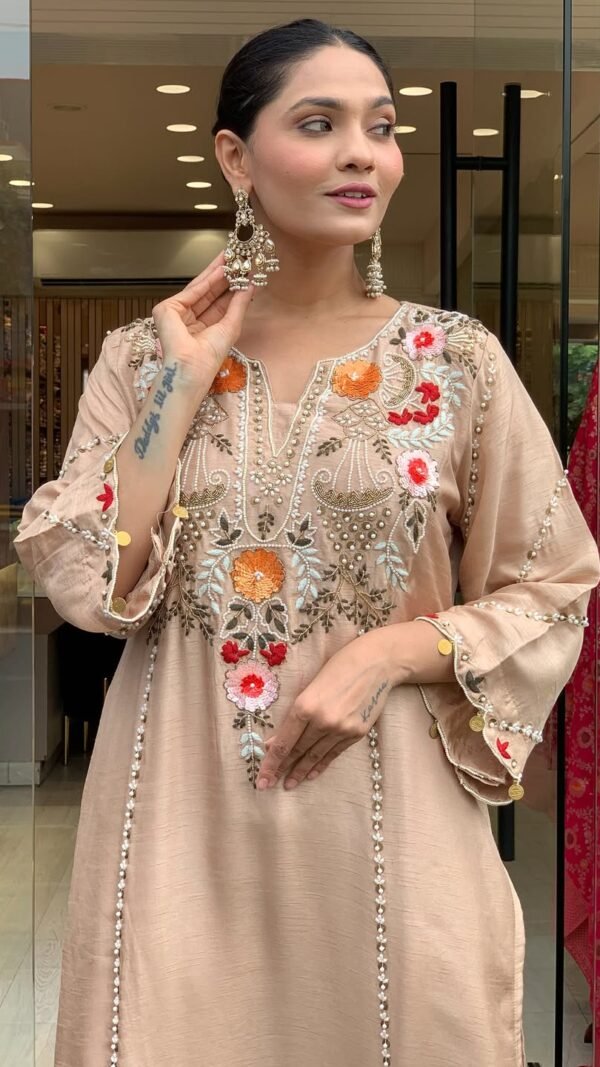 Beige Chanderi Silk Kurta Set for Women