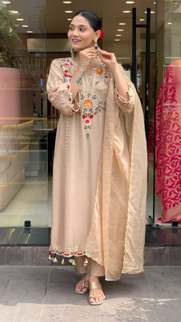 Beige Chanderi Silk Kurta Set for Women