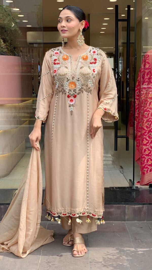 Beige Chanderi Silk Kurta Set for Women