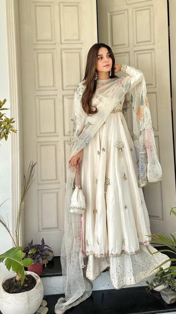 Designer White Chinon Gown Set – Buy Now